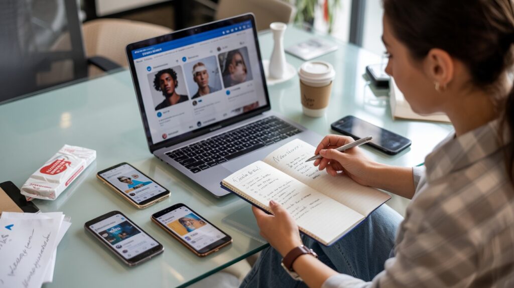 Marketing professional researching and selecting UGC creators at desk with laptop, mobile devices showing social media profiles, and product samples