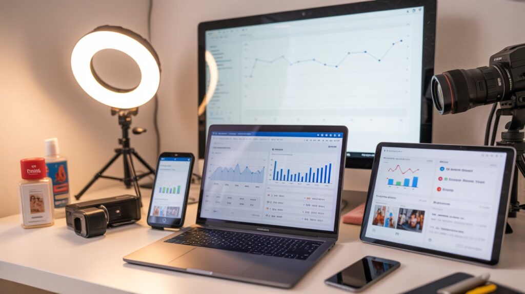 Content creator's workspace displaying social media analytics and campaign performance metrics on multiple devices with professional content creation equipment