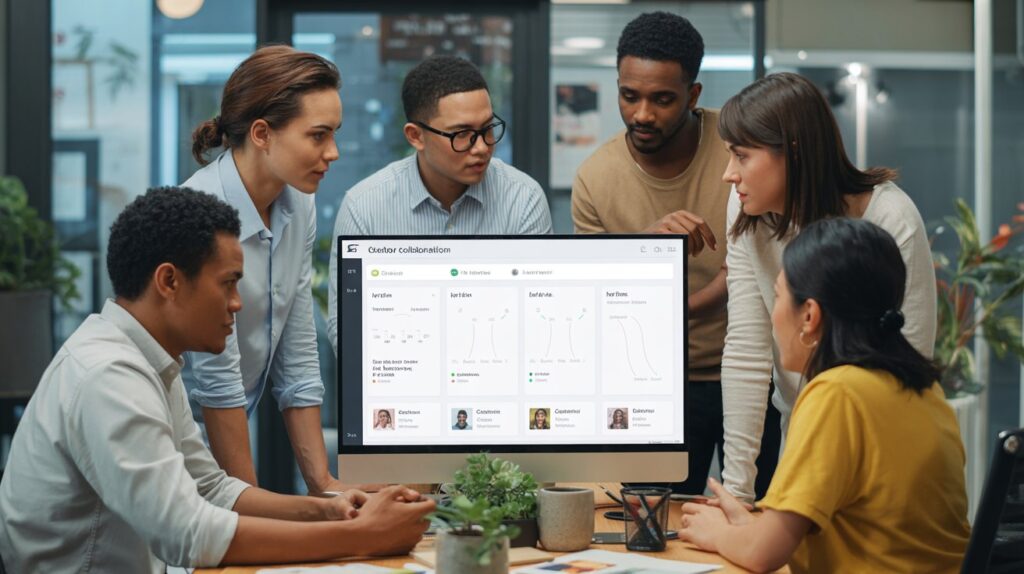 Diverse marketing team collaborating around monitor displaying UGC campaign dashboard with creator profiles and performance metrics in modern office