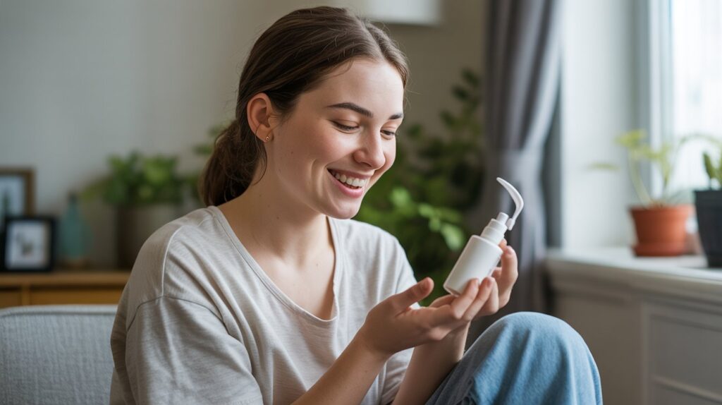 Young woman authentically reviewing skincare product in natural home setting, representing genuine user-generated content creation