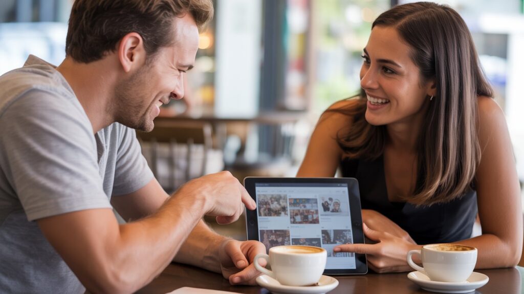 Brand representative and content creator having collaborative discussion over tablet showing social media content in modern café setting