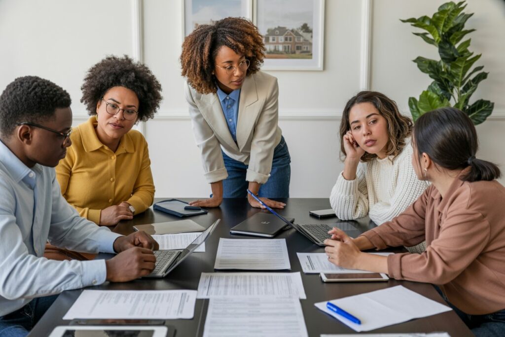 First-time homebuyers meeting with real estate agent to review mortgage options and house listings