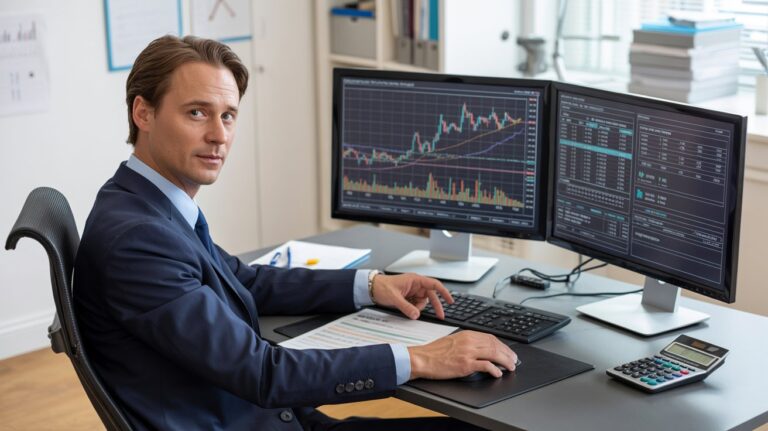 Professional reviewing cryptocurrency tax forms and digital asset charts on computer screens