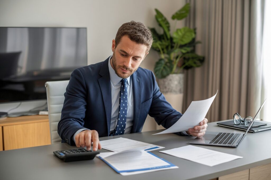 Mortgage professional reviewing loan documents and rates at desk with calculator and laptop