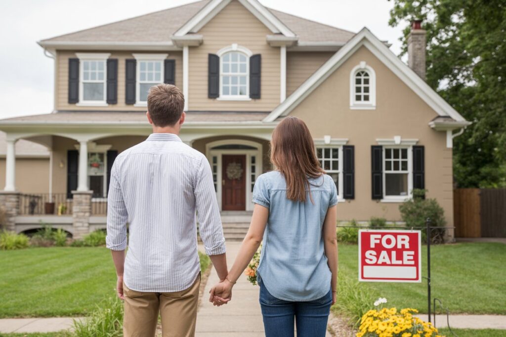 Young couple viewing a home for sale with attractive landscaping and front porch