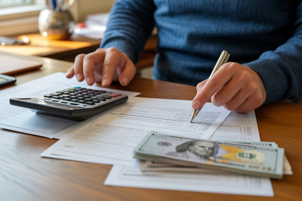 Tax forms and cash tips on desk representing tip income tax deduction filing