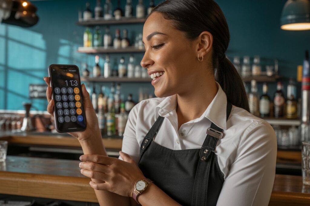 Bartender calculating potential tax savings from tip deduction on smartphone