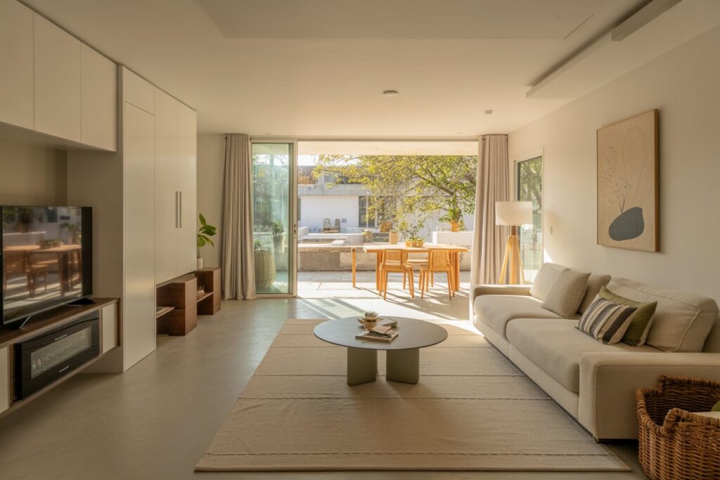 Modern ADU interior featuring sustainable design elements and smart home technology