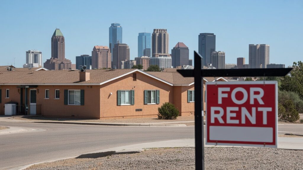 Apartment complex with rental signs in southwestern American city