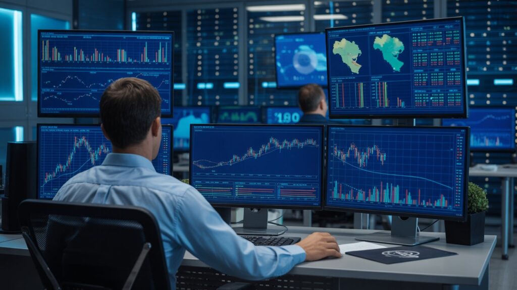 Analytics center with multiple screens displaying real estate market predictions and investment data