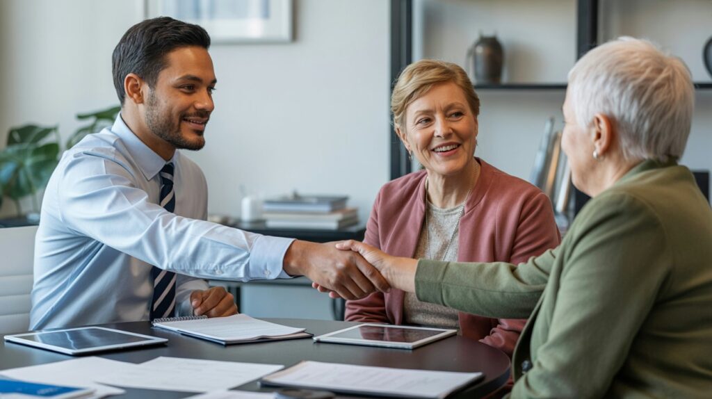 Financial planner consulting with elderly clients about retirement planning options