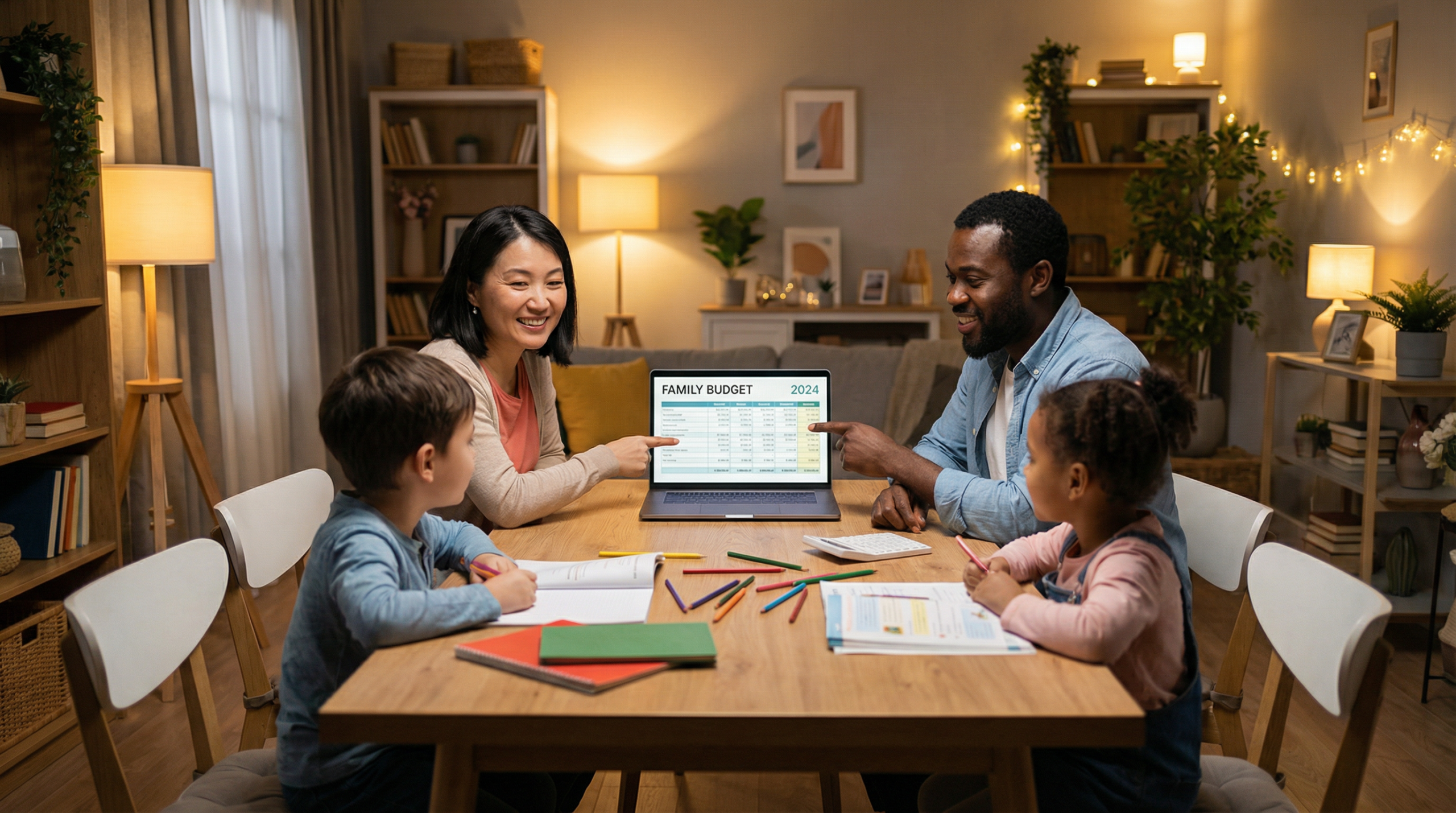 Family reviewing finances for tax preparation
