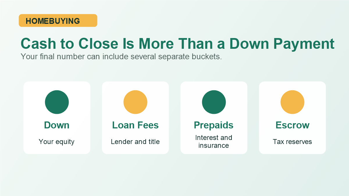 Cash to close map showing down payment loan fees prepaids and escrow