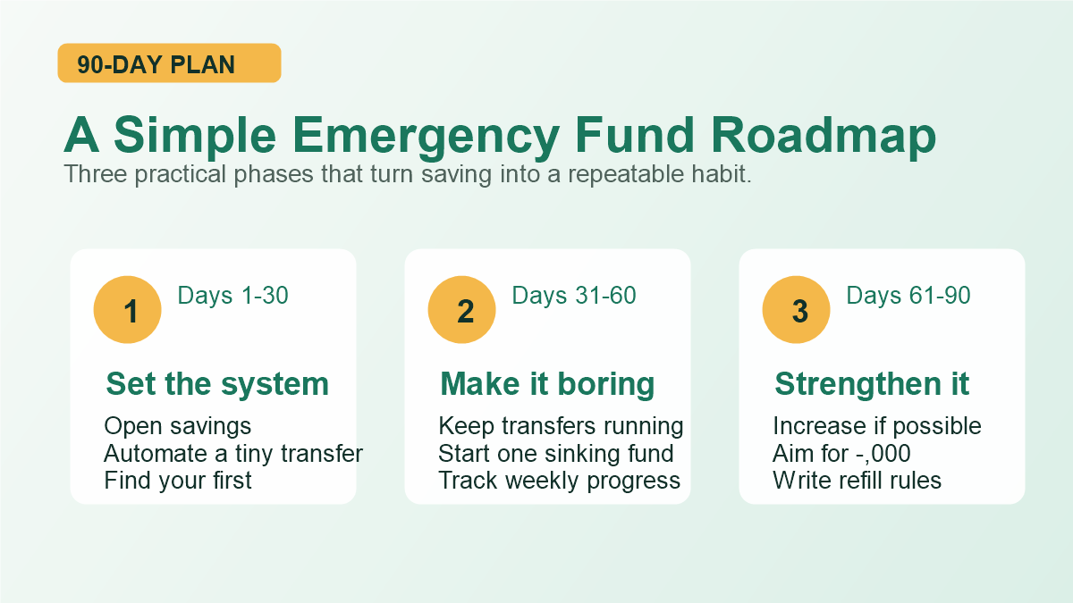 Ninety-day emergency fund roadmap with three phases
