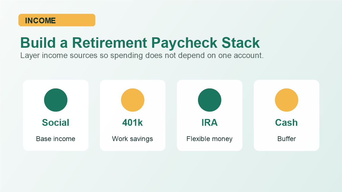 Retirement paycheck stack with Social Security 401k IRA and cash reserves