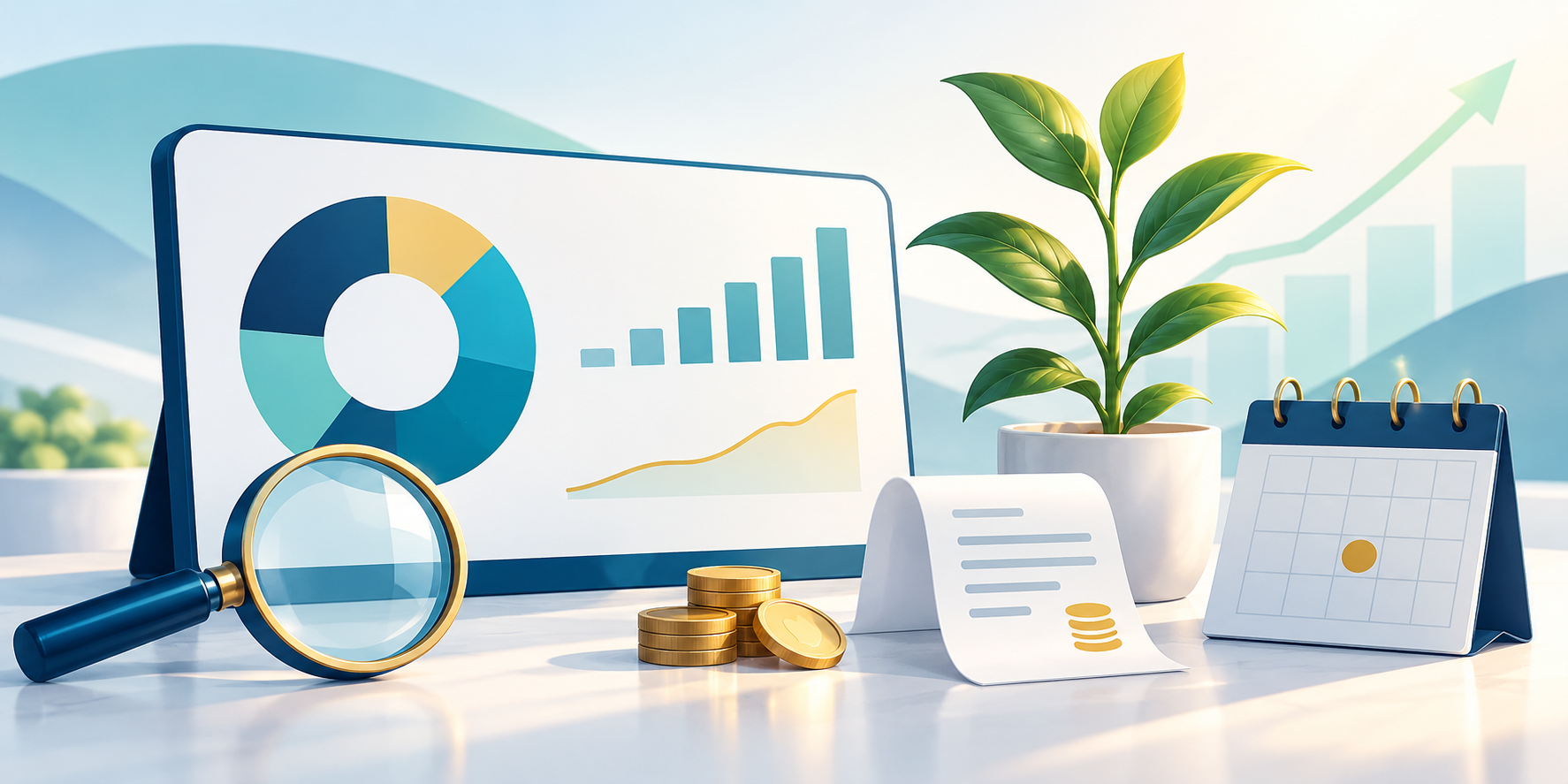 Illustration of an annual investing review with an allocation chart, fee receipt, calendar, and growing plant