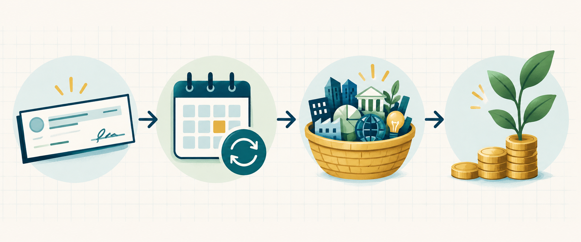 Illustration of a paycheck, recurring calendar, diversified investment basket, and growing plant showing an automatic investing routine