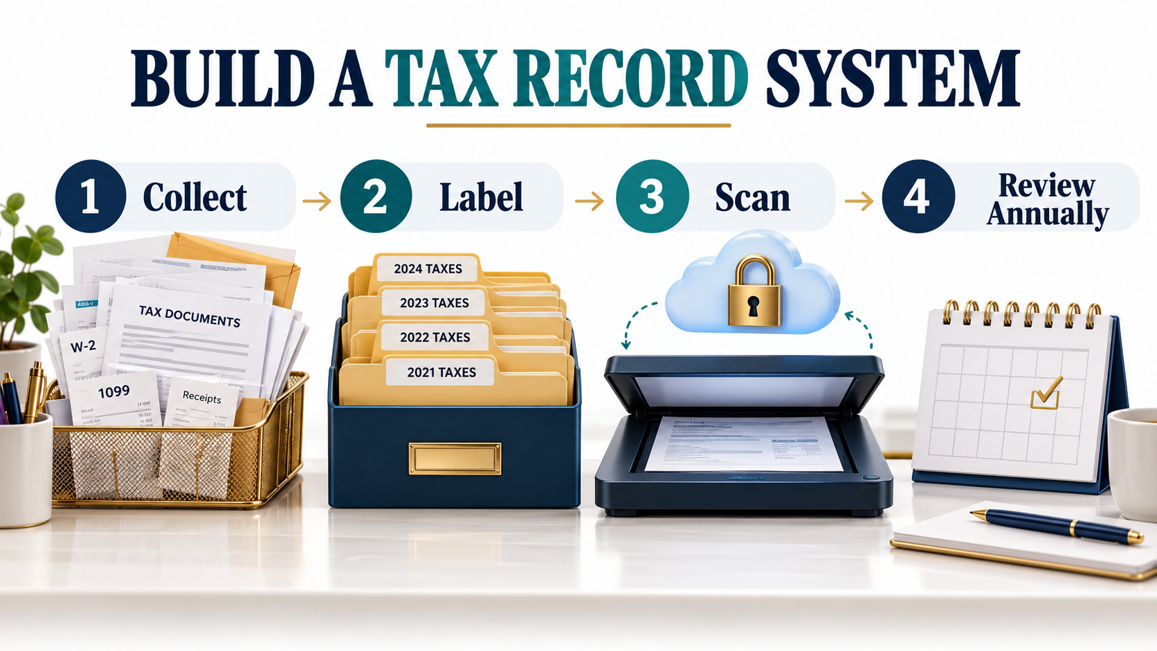 Four-step tax record system: collect documents, label folders, scan backups and review annually
