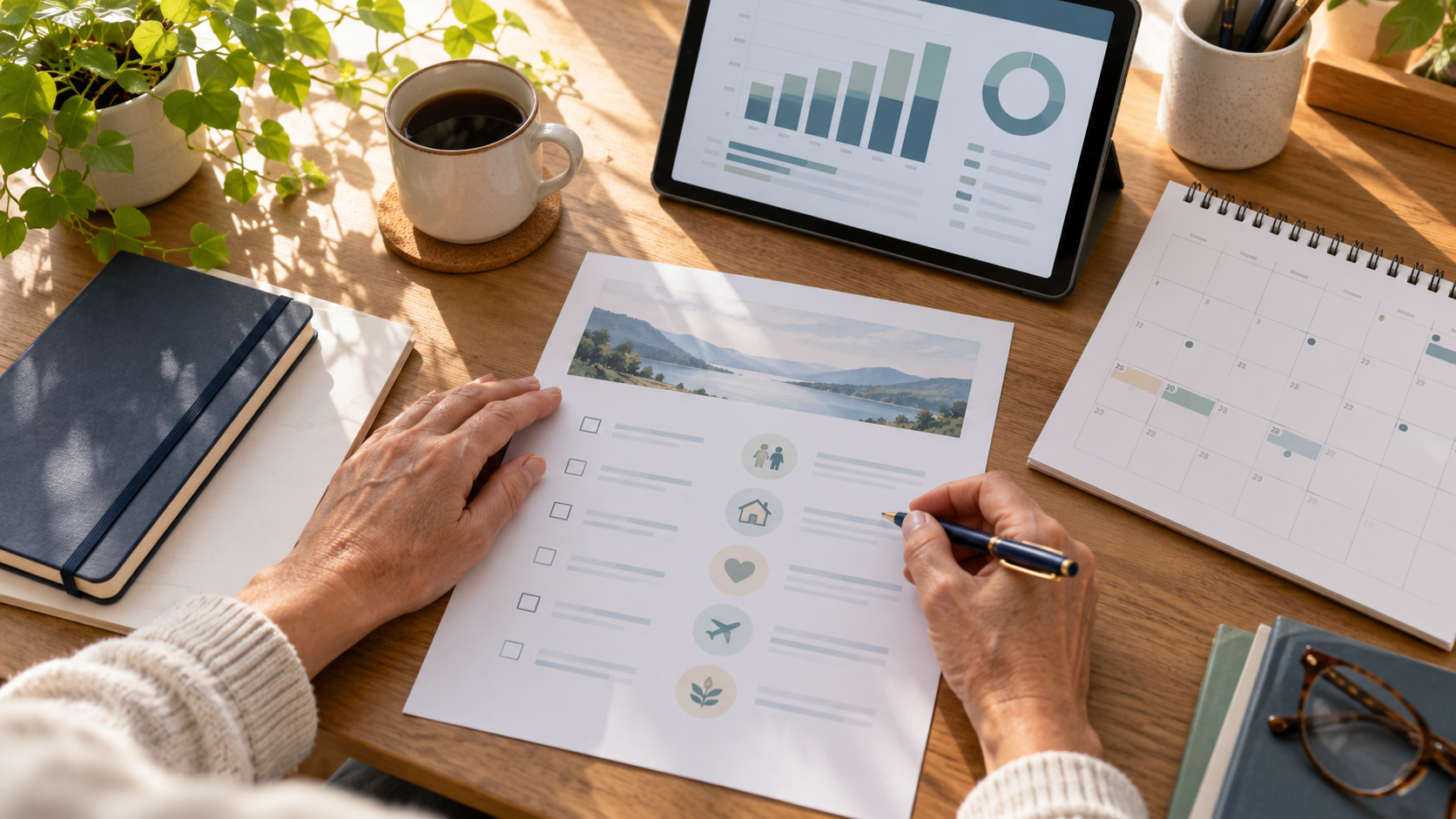 Hands organizing a retirement date worksheet, calendar, and budget chart