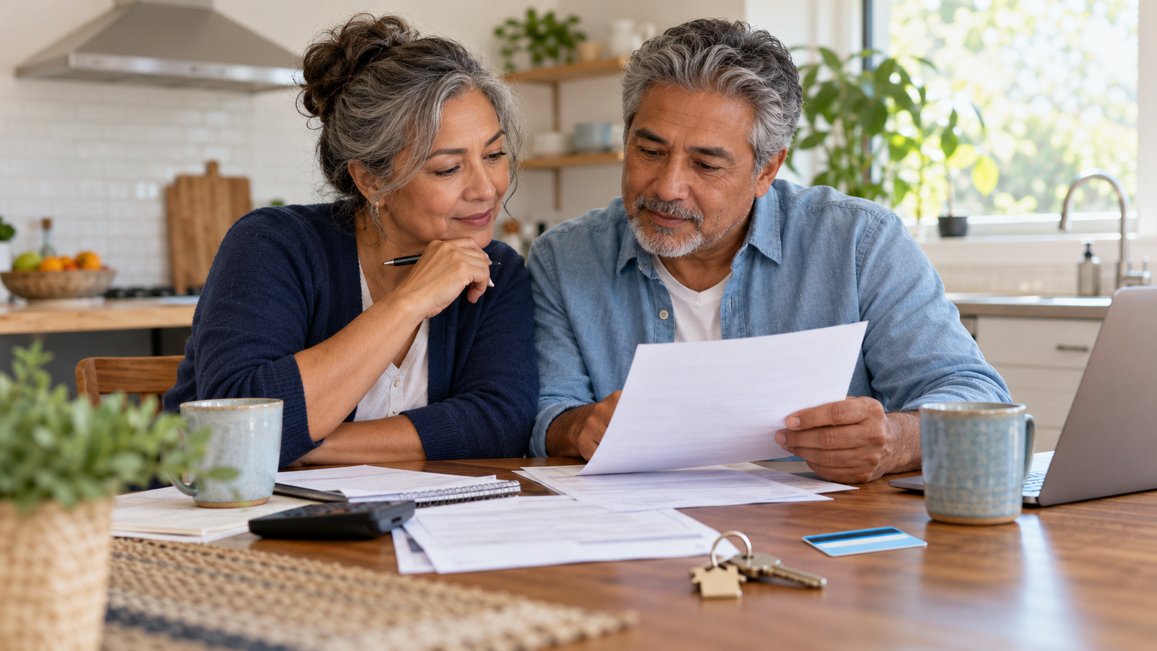 Pre-retirement couple discussing healthcare and household costs at a kitchen table