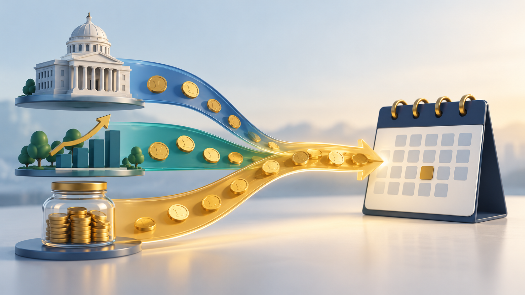Layered retirement income sources flowing into a monthly cash-flow calendar