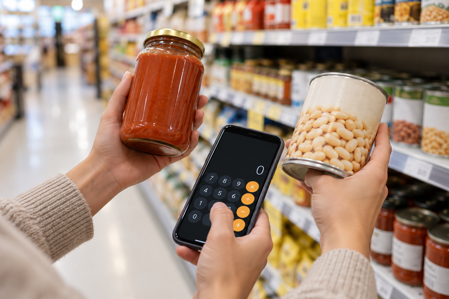 Shopper comparing two unbranded pantry products with a calculator in a grocery aisle