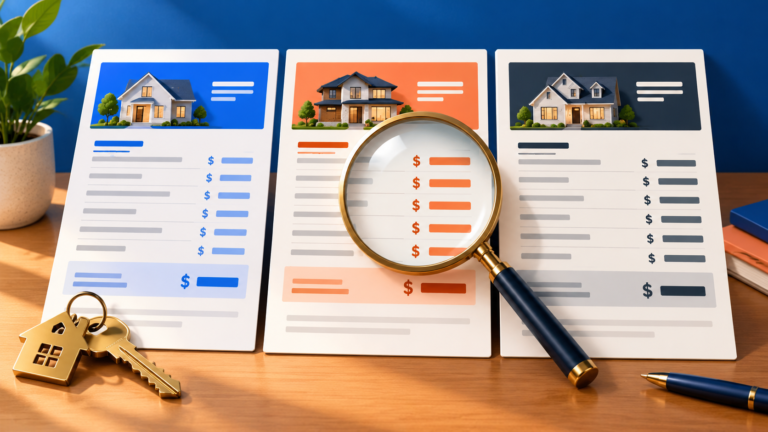 Three mortgage loan estimates compared side by side with a magnifying glass