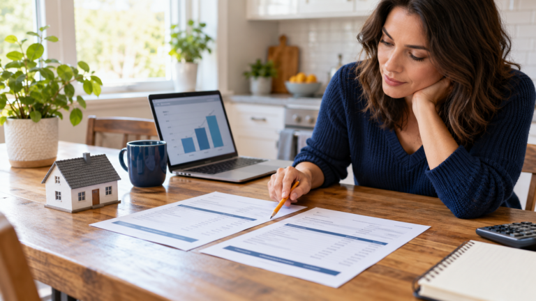 Homebuyer comparing mortgage loan estimate documents at a kitchen table