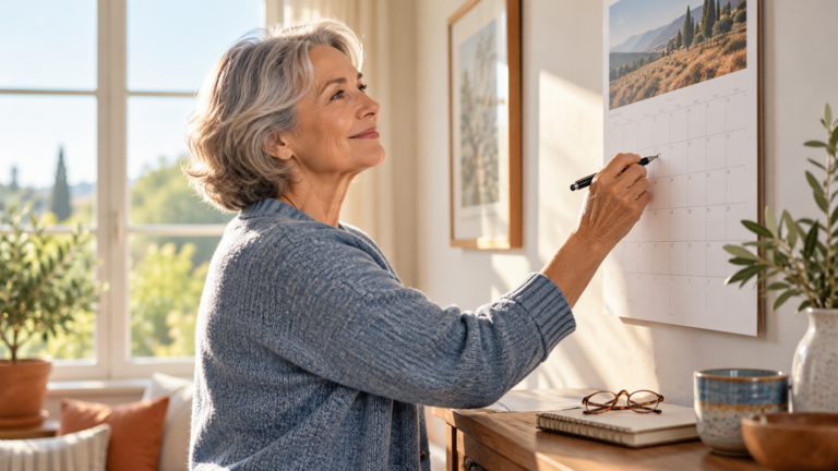 Older adult marking a future retirement date on a wall calendar
