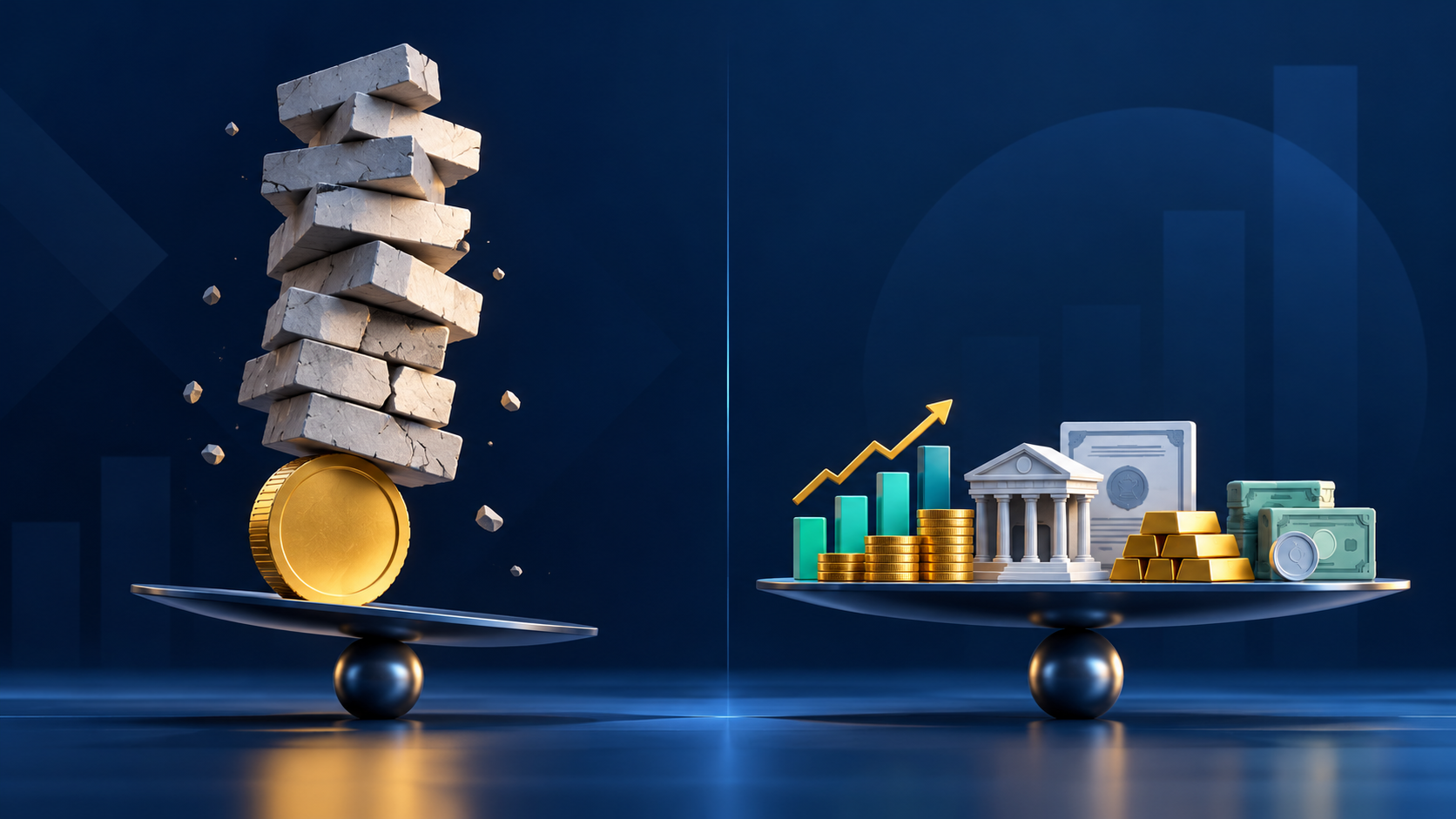 Illustration comparing a fragile concentrated investment stack with a balanced diversified portfolio