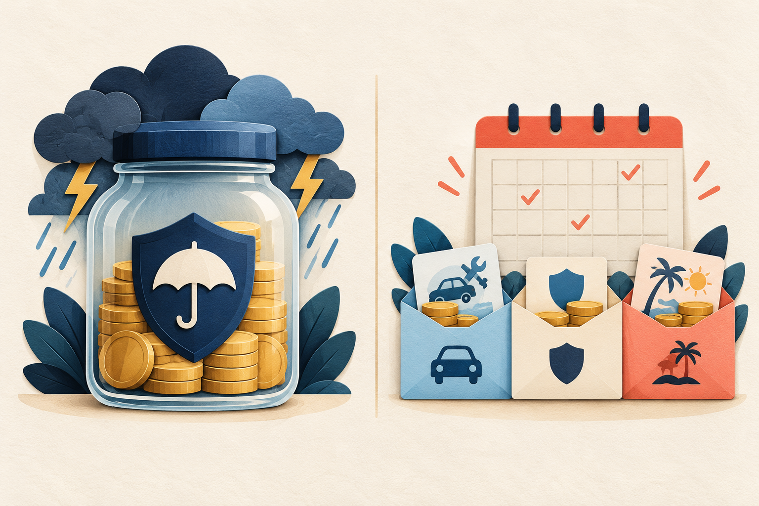 Illustration comparing emergency savings for a storm with planned-expense envelopes and calendar