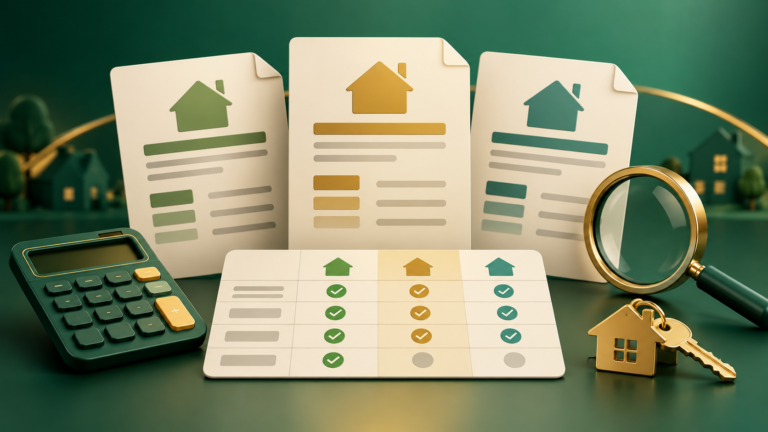 Mortgage Loan Estimate comparison with three loan documents, calculator, and home key