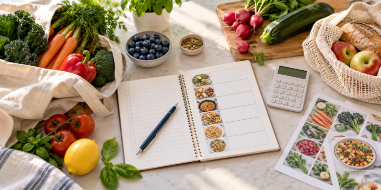 Weekly grocery planning setup with meal plan, vegetables, and reusable shopping bags