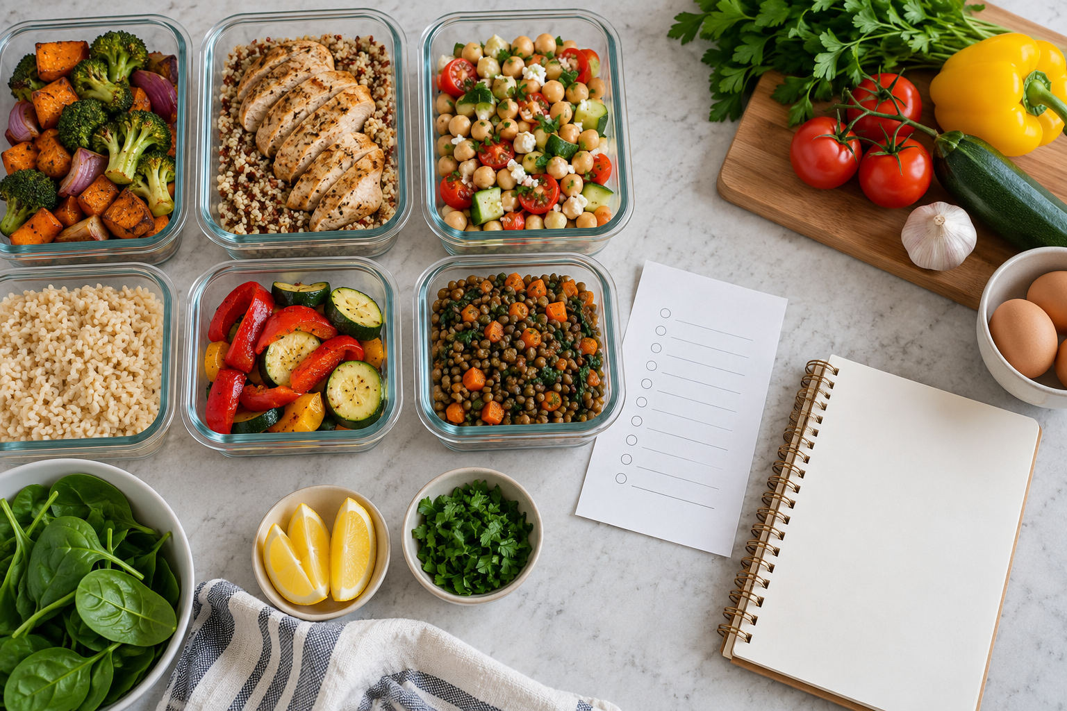Home meal prep containers with affordable ingredients beside a grocery list