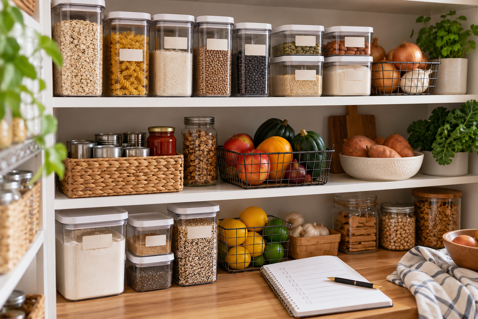 Organized home pantry with clear containers, staples, and produce