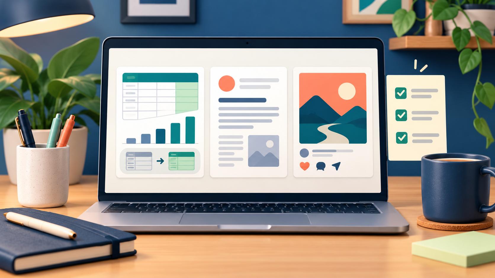 Illustration of a beginner freelancer portfolio with a spreadsheet, writing sample, graphic, and checklist