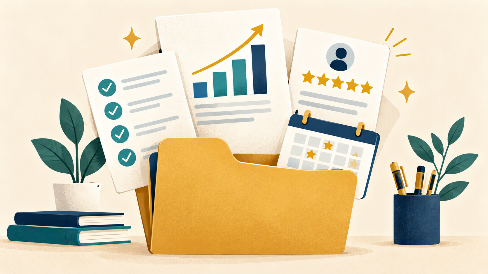An accomplishment evidence file with a checklist, upward chart, calendar, and customer feedback
