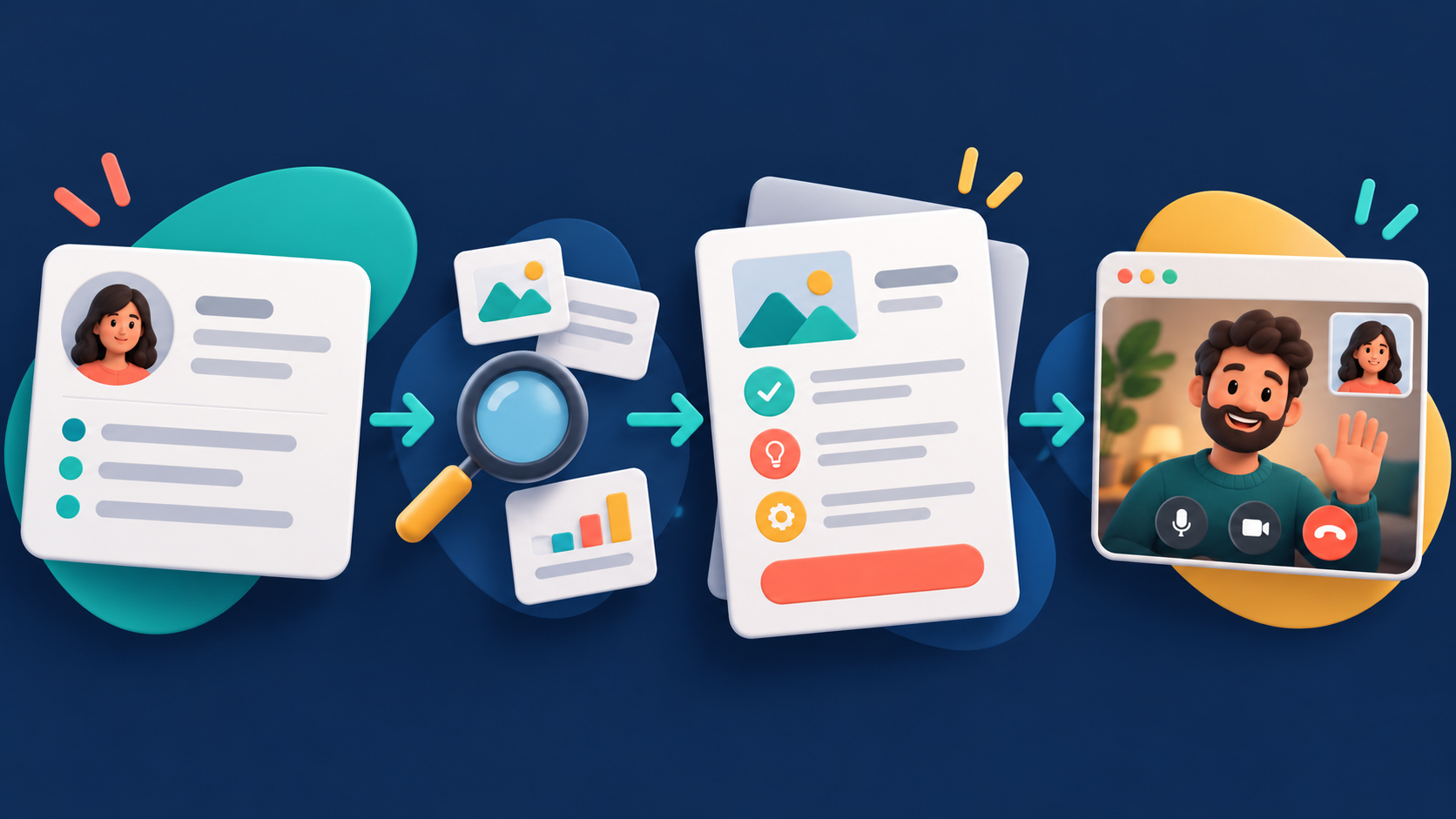 Illustration of a workflow from client research to a tailored freelance proposal and friendly video call