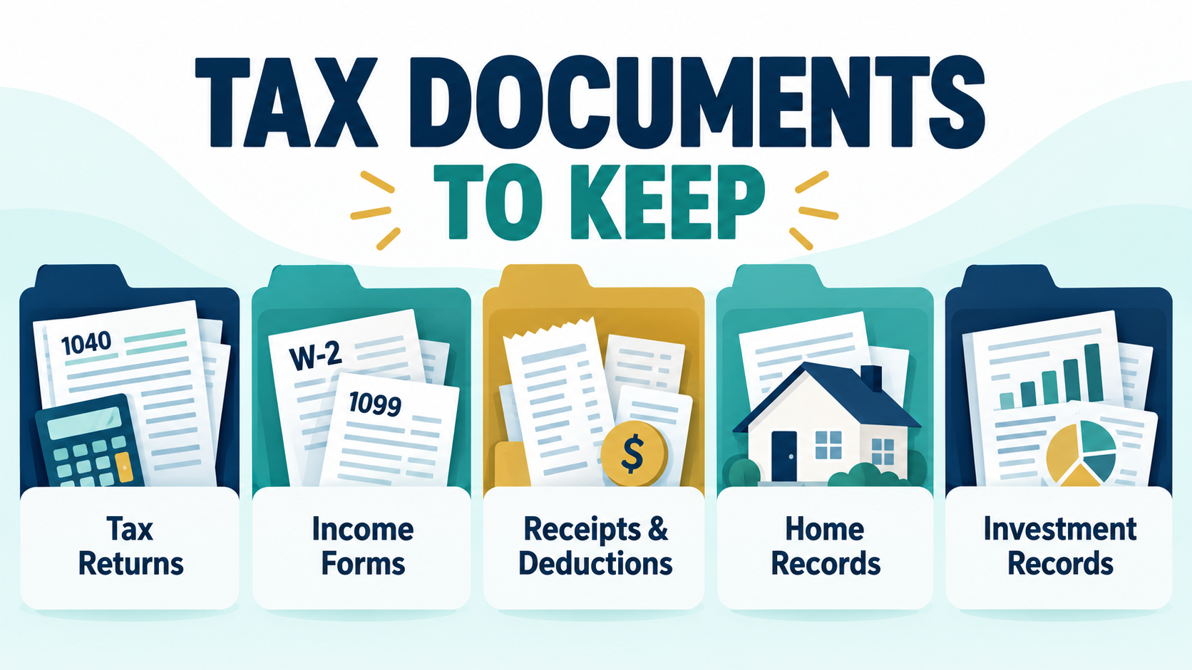 Tax documents to keep, including tax returns, income forms, receipts, home records and investment records