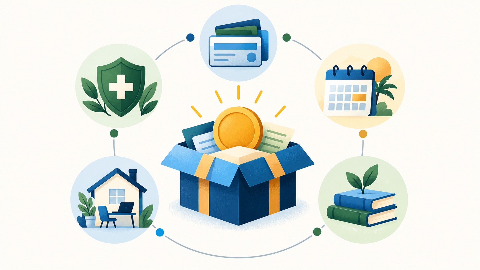 A total compensation map showing healthcare, flexible work, paid time off, and professional development around a central package